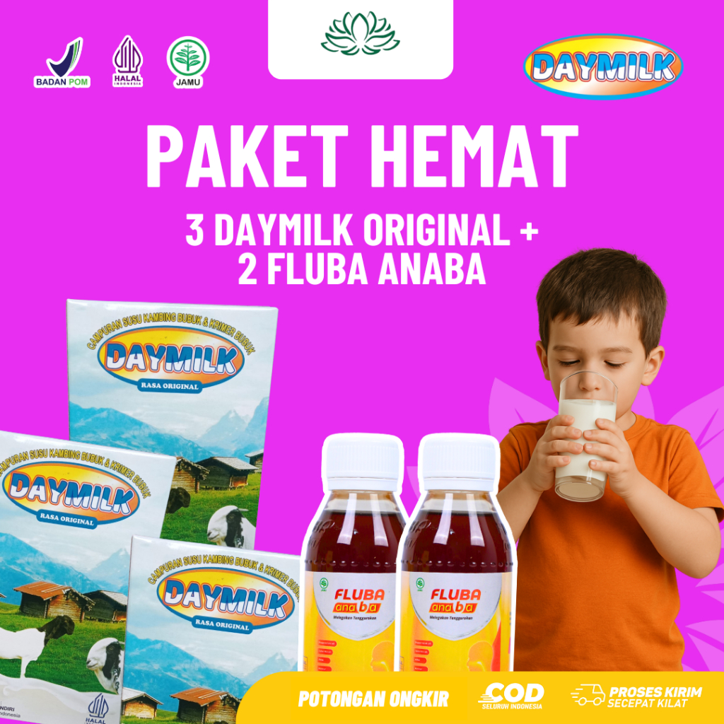 

BUNDLING HEMAT | 3 BOX DAYMILK ORI + 2 BOTOL FLUBA ANABA SOLUSI BATUK PILEK RADANG TENGGOROKAN | BPOM HALAL MUI