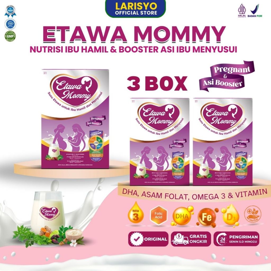 

Etawamommy susu ibu hamil dan Pelancar ASI Ibu menyusui paket 3 Box kemasan 250gram