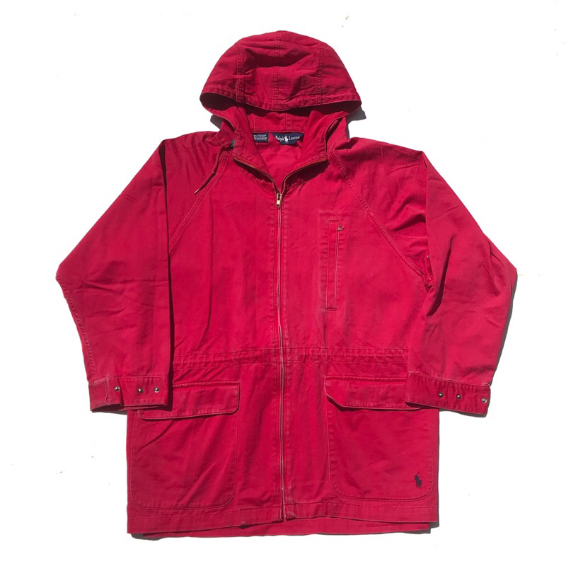 Vintage 90s Ralph Lauren RL VINTAGE Chore Jacket Hooded Red Rare size Medium duck cotton 3 button Sl