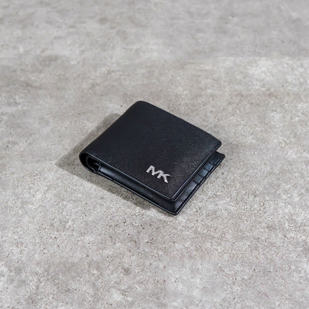 Dompet MK MK SIDE SILVER BLACK PLAIN LEATHER WALLET WITH CARD HOLDER 100% ORIGINAL