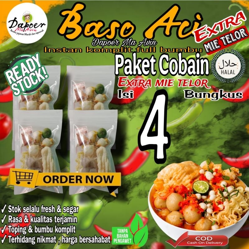 

4 Bungkus [Paket Pas Extra Mie Telor] Baso Aci Instan Khas Bandung Komplit Full Bumbu Pedas / Bakso olahan / Baci Kuah / Boci Homemade - Makanan Cemilan Viral