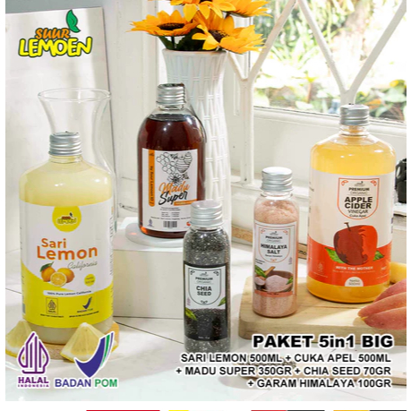 

TERLARISS!!!!! Suur Lemoen Paket 5in1 BIG - Paket Hemat Cuka Apel, Sari Lemon, Chia Seed, Madu Hutan, Himsalt - SARI LEMON MURNI