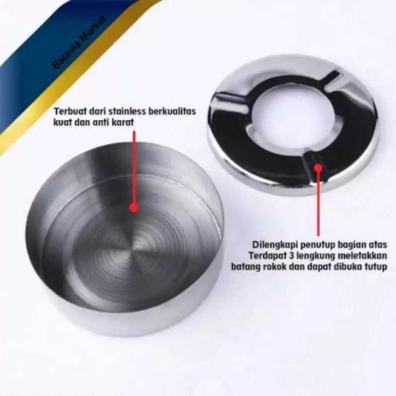 Asbak Rokok Bulat Stainless Steel Dengan Tutup / Asbak Model Donat 10cm / Asbak Cafe Unik Kekinian