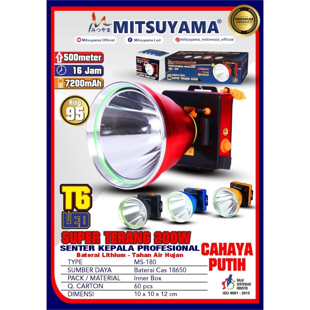 Senter Kepala T6 Mitsuyama LED 200W Super Terang MS-180P / Senter Kepala Mitsuyama 200 Watt