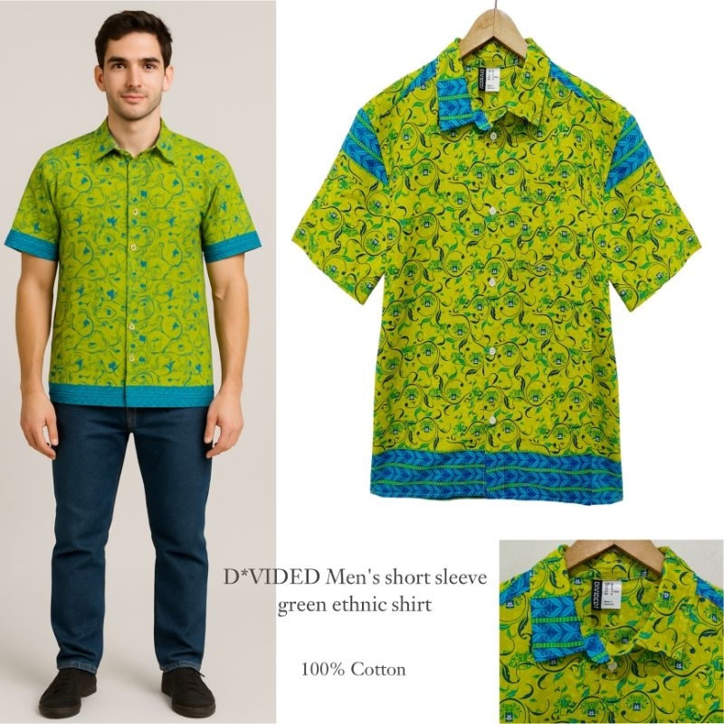 D*VIDED Men's short sleeve green ethnic shirt / kemeja pria terbaru dan termurah / Kemeja pria brand