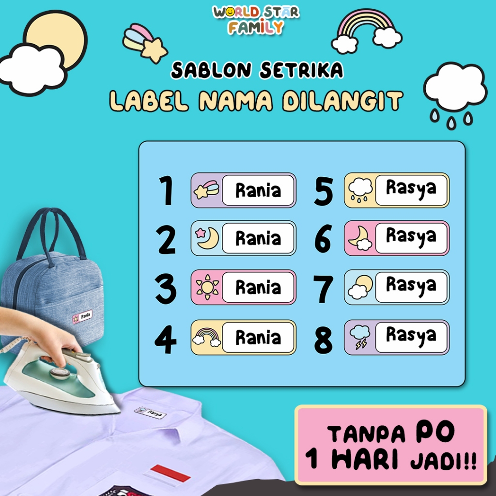 

Wsf Stiker Pelangi Bulan Bintang custom Sticker Nama Label Printing Kain kaos Sablon Setrika GRATIS Custom Nama Stiker Label DTF Tinggal di setrika