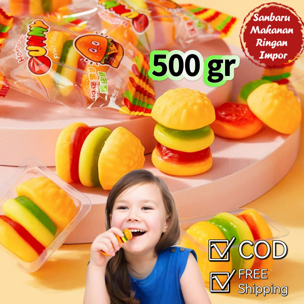 

【HALAL】【Harga Grosir】 Fudge Hamburger Imitasi Massal Permen Impor 7 Rasa Burger Buah Rasa manis dan asam 200g-500g