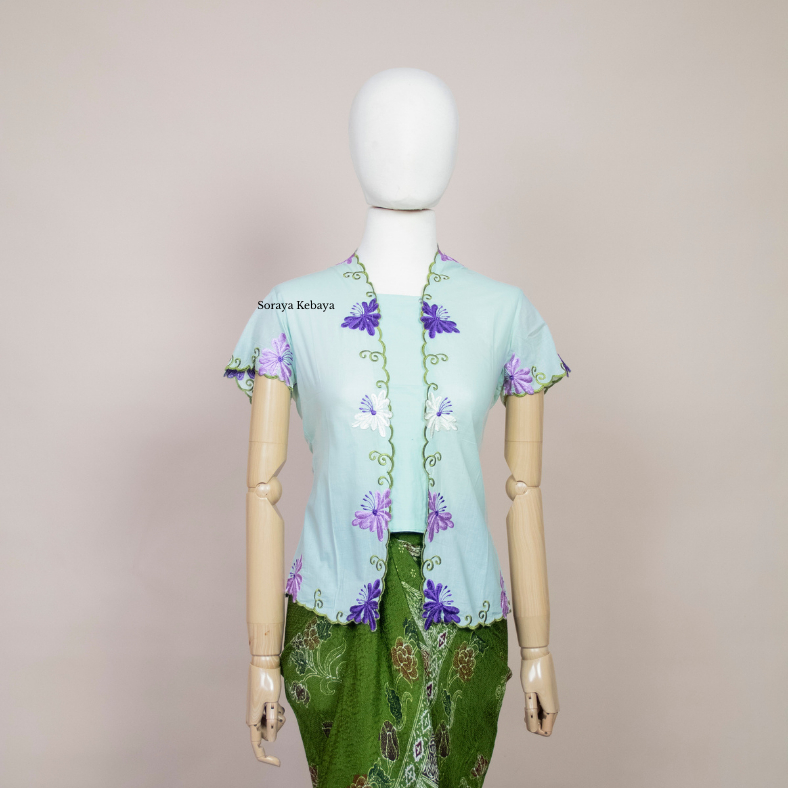 S KEBAYA KATUN BUNGA TEPI HIJAU MUDA HIJAU MUDA