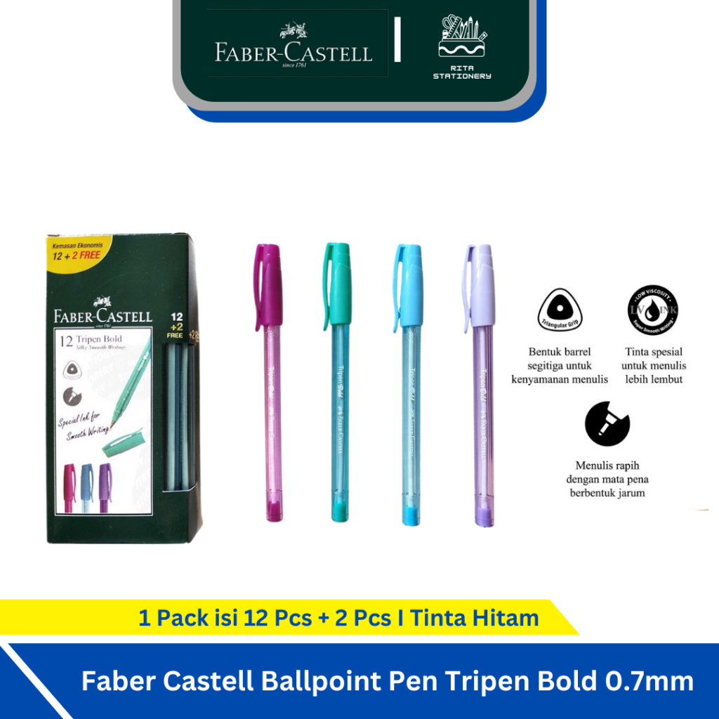 

Pulpen Faber-Castell Tripen Bold tebal 0.7mm Transpatan (1 pack = 12+2 pcs) Selusin + 2 pcs