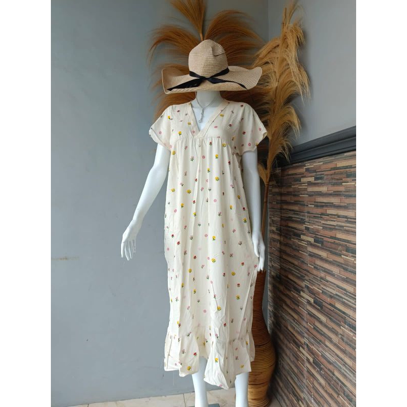 pevita dress daster rayon kerah v neck rempel bawah lengan pendek dress bumil busui dress Korea styl