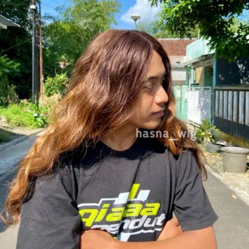 WIG PRIA RAMBUT PANJANG KERITING WARNA OMBRE HITAM PIRANG