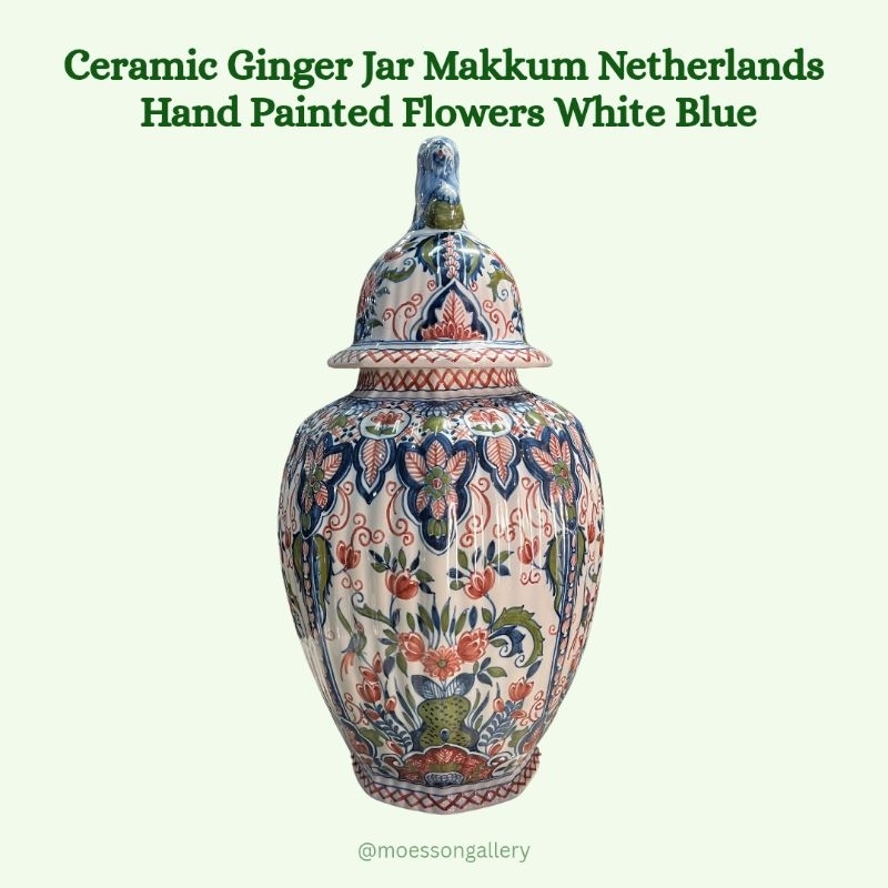 Guci Jar Tempat Jahe Keramik Makkum Belanda Hand Painted Motif Bunga White Blue Antik Tua Lawas