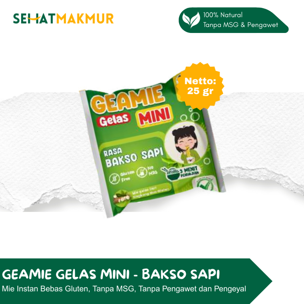 Geamie Gelas Mini - Bakso Sapi (Mie Instant Sehat Tanpa MSG, Gluten, Pengawet dan Pengenyal)