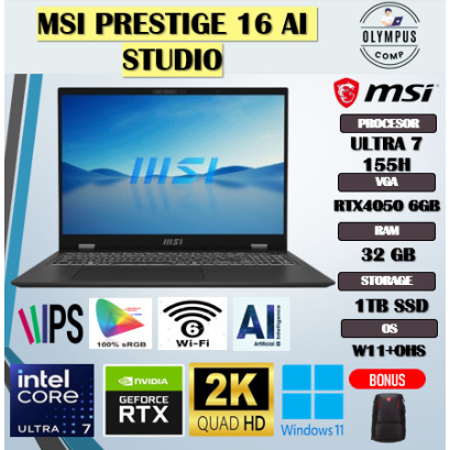 MSI PRESTIGE 16 AI STUDIO ULTRA 7 155H RTX4050 6GB/ 32GB 1TB W11+OHS 16.0QHD+