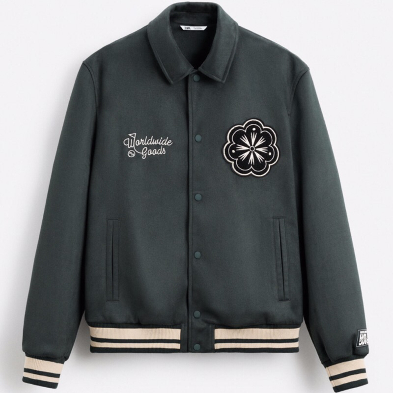 ZARA Men Faux Suede Jacket With Patches Jaket Varsity Pria Dark Green