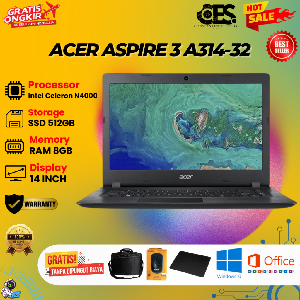 Laptop Acer Aspire 3 a314-32 - INTEL CELERON N4000 - RAM 8GB - SSD 512GB - WINDOWS 10 - OFFICE - UHd