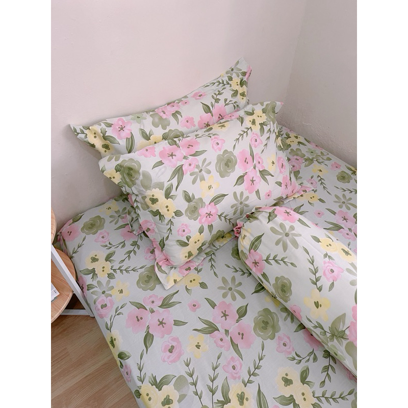 Instore sprei ✓sprei katun lokal motif bunga kecil warna peach pink motif destria