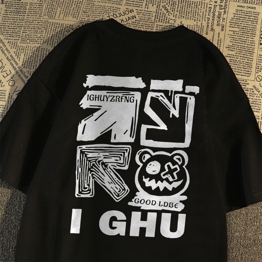 [COD] Fastfash Baju Oversize Pria Baju Distro Kaos Motif Beruang Putih / Pria Washed Hitam Cowok Asl