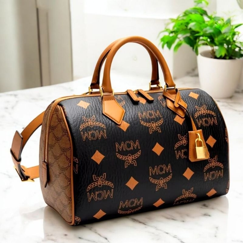 TAS MCM Medium Ella Boston Bag Monogram Mix Black Cognac