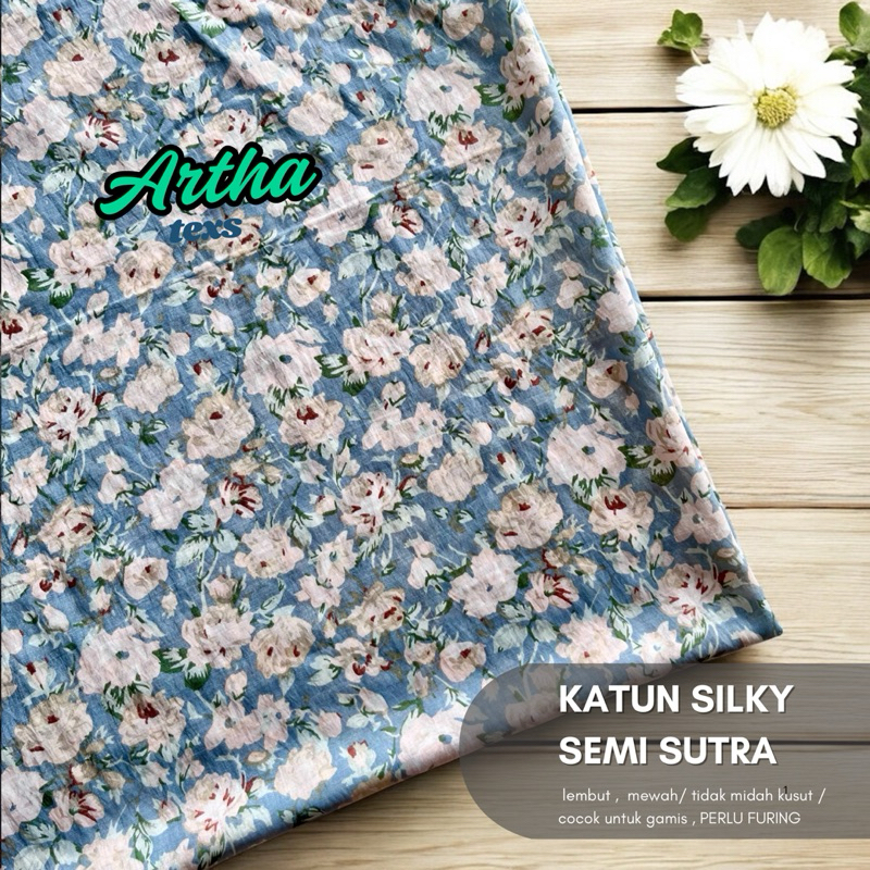 kain katun silky premium motif bunga / kain semi sutra / mukenah tranveling / kain gamis