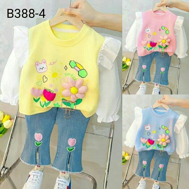 setelan anak perempuan jens import premium flower usia 2-5 tahun