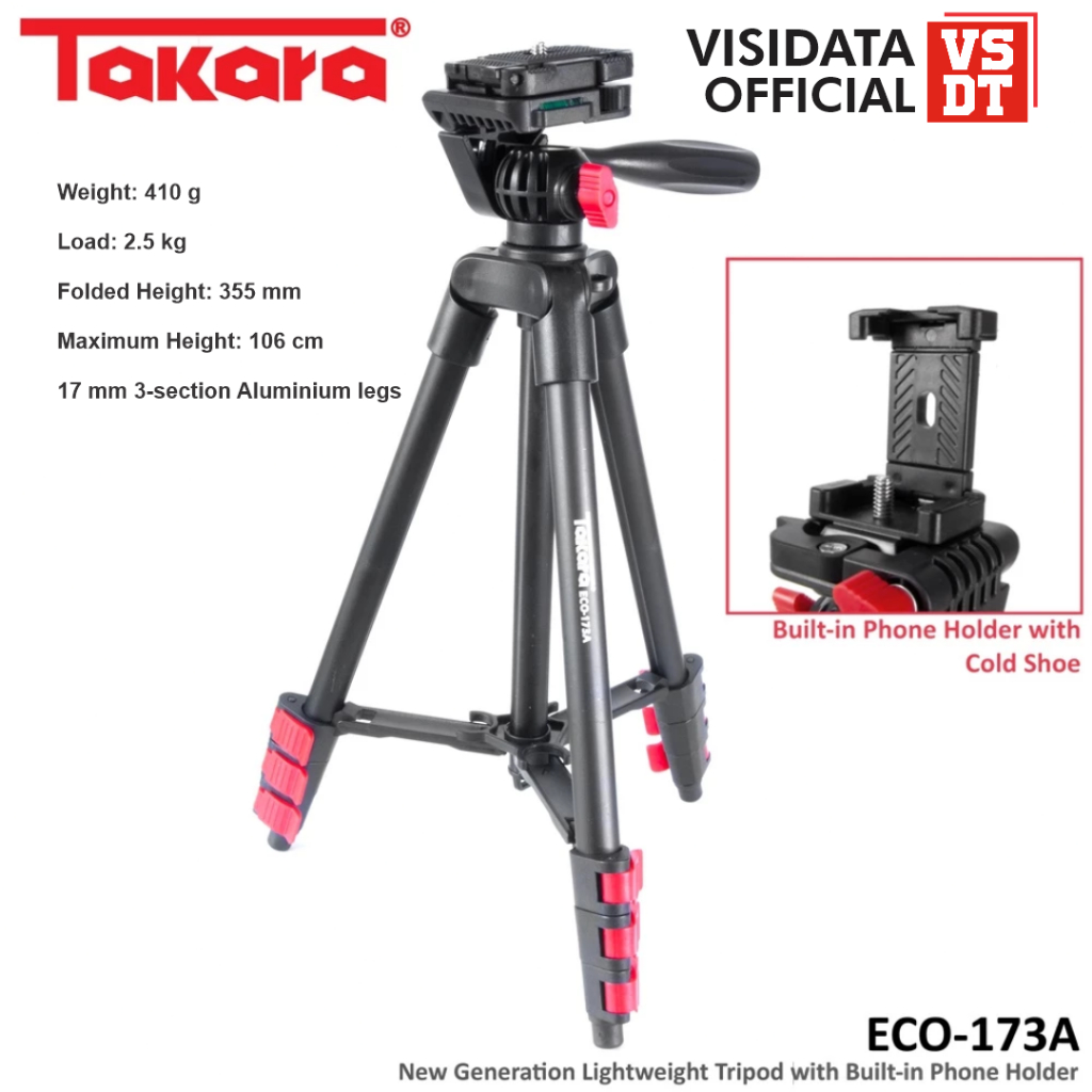 TAKARA ECO-173A Tripod untuk kamera HP Mirrorless , action cam, Handphone - tinggi max 106 cm