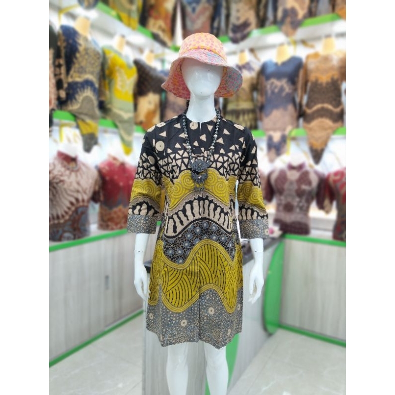 Tunik batik SADEWA kuning Pekalongan model kancing depan By Qistina Batik