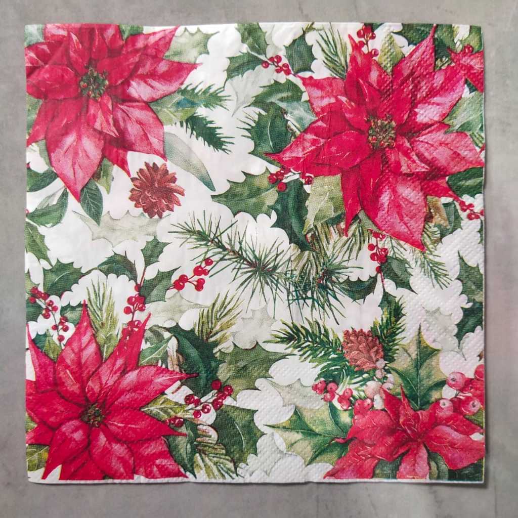 457. Decoupage napkin / tisu decoupage / cocktail tisu / tisu pesta motif bunga merah natal