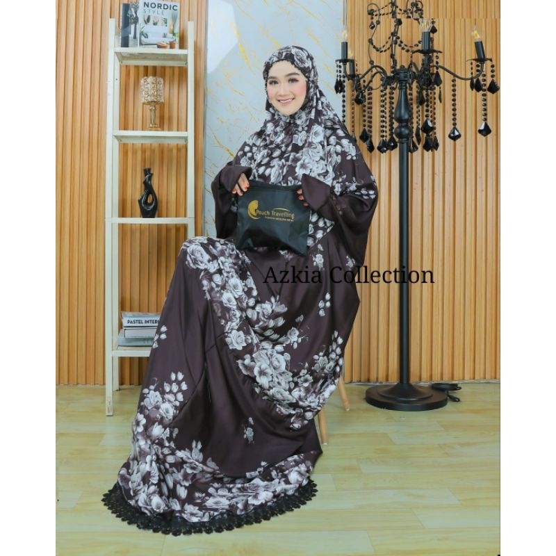 Mukena Terusan Dewasa Putih Hitam Armani Sutra Silk Premium