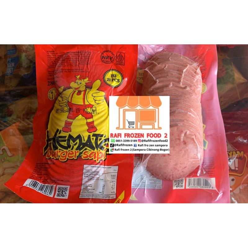 

hemato burger sapi isi 21pcs 280gr, pembelian minimal 2 pcs, daging burger, daging sapi burger, isian roti burger
