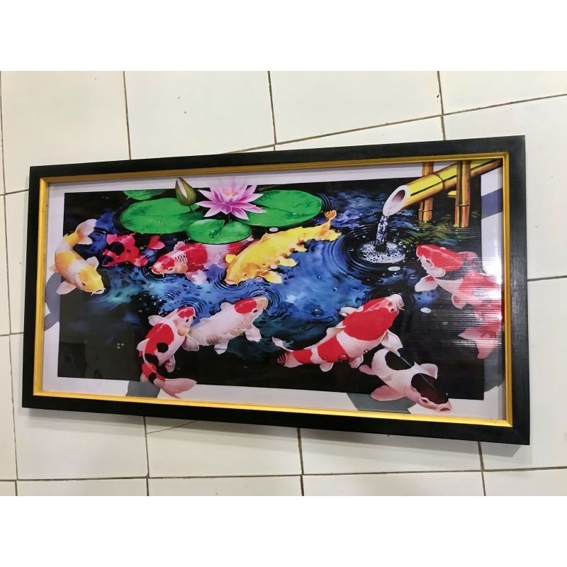 hiasan dinding lukisan cetak ikan koi plus bingkai ukuran 100×50cm