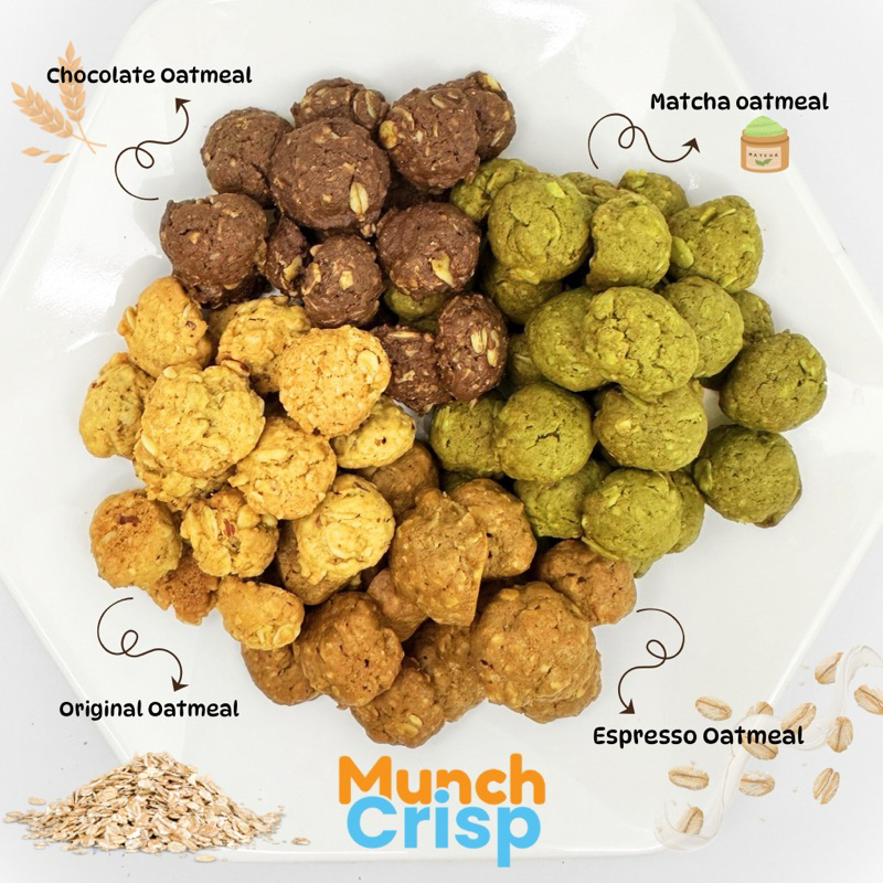 

MUNCHCRISP Espresso / Coffee, Matcha, Chocolate, Original Oatmeal Cereal Cookies | Caffeine Espresso Mini Cookies for Breakfast Brunch Midnight Snack | Camilan enak dan sehat