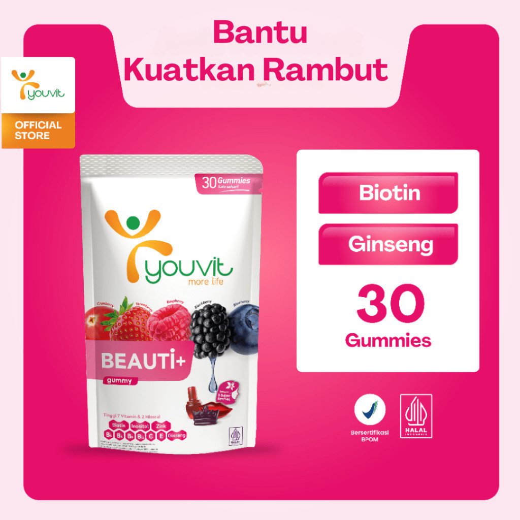 Biotin Gummy untuk Vitamin Rambut Rontok Wanita | Youvit Beauti+ 30 Hari