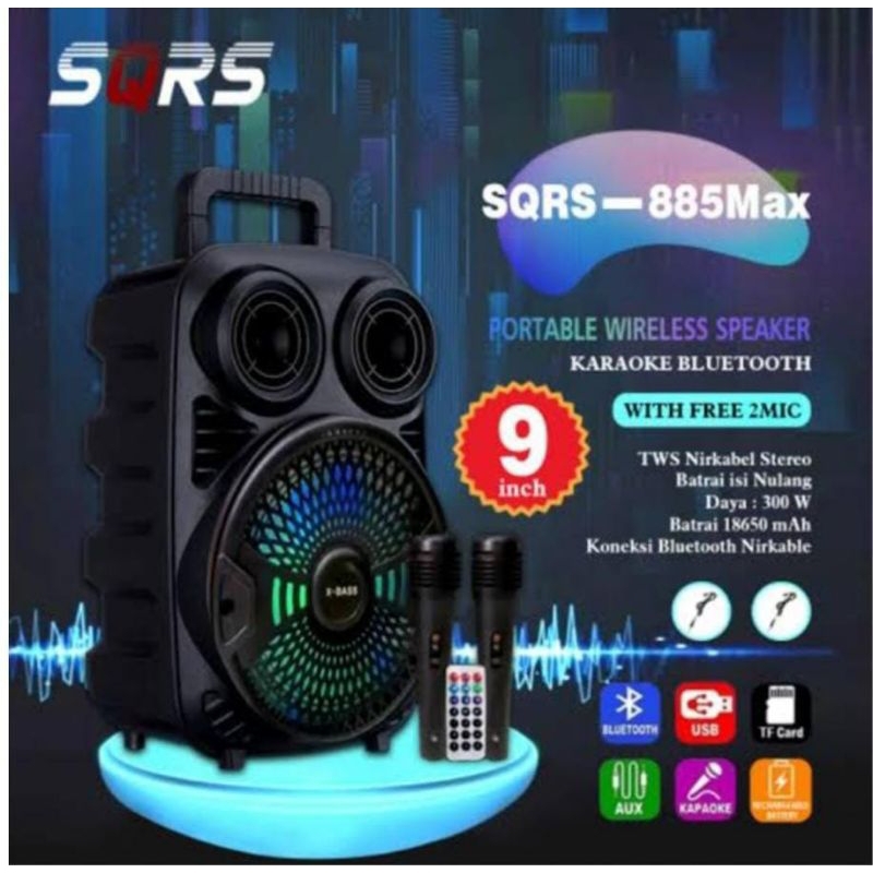 SPEAKER BLUETOOTH 9 INCHI SQRS 885 MAX BONUS 2 MICROPHONE /SPEAKER WIRELESS RADIO FM/SALON AKTIF SUP