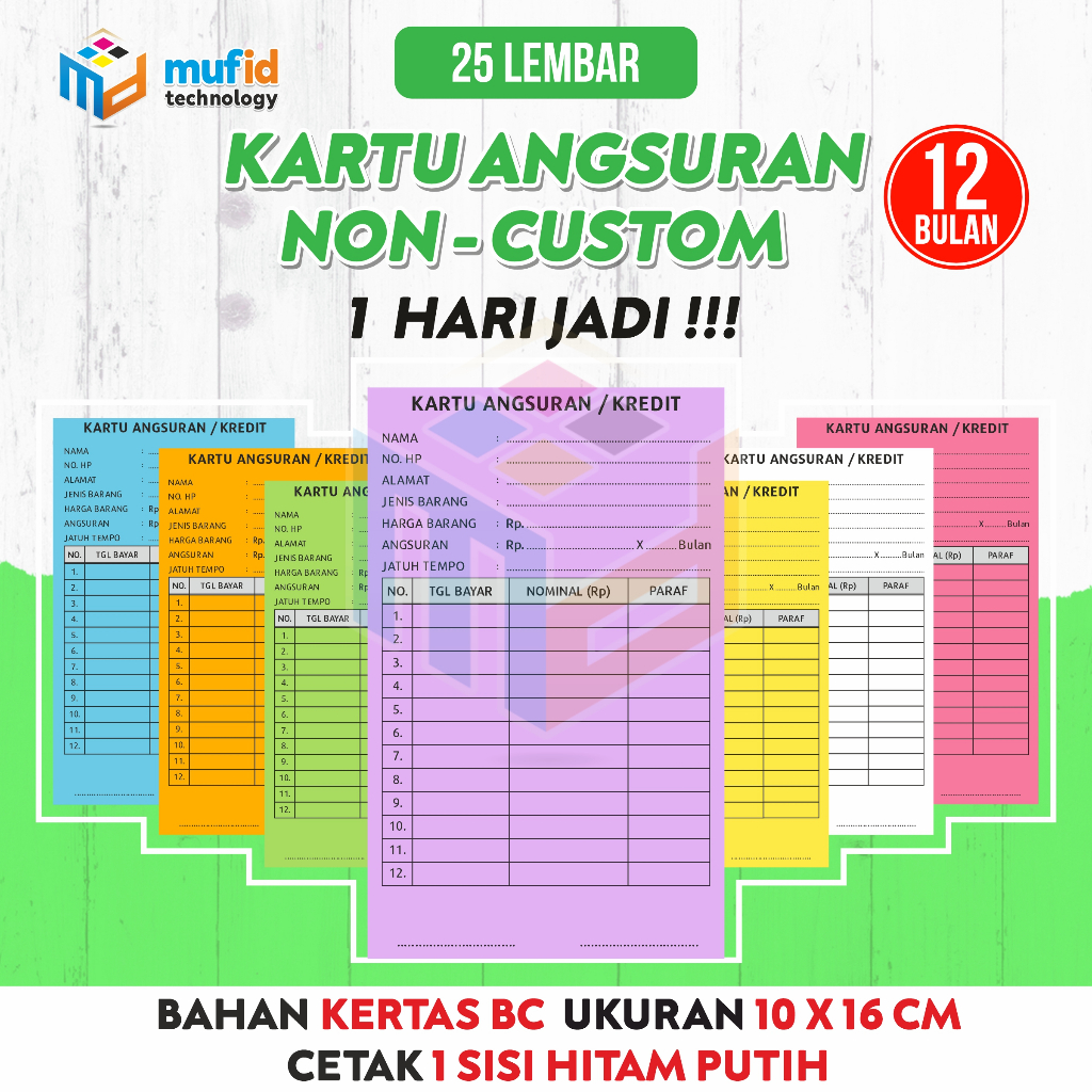 

25 LEMBAR (10 X 16 CM) KARTU ANGSURAN/KREDIT 12 BULAN (NON-CUST0M)