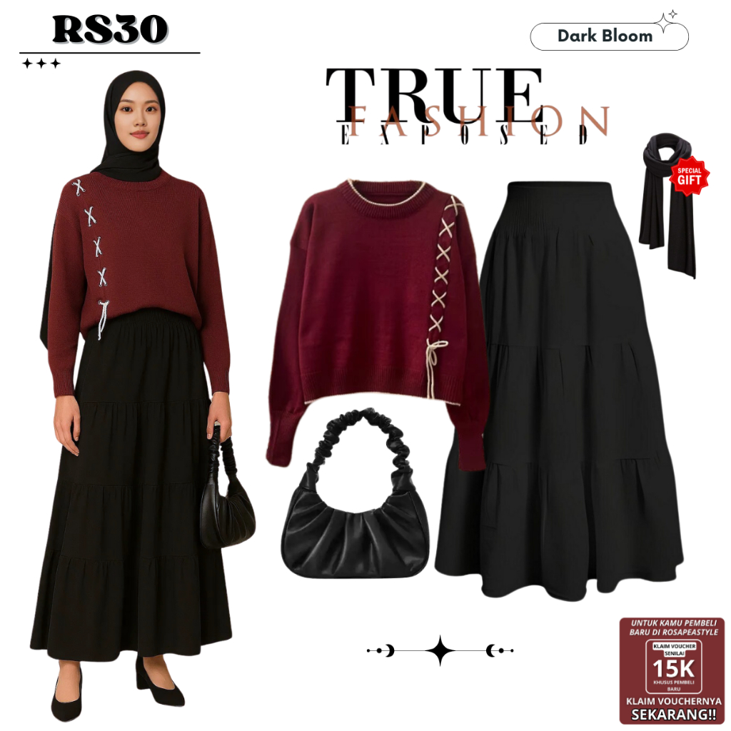 OOTD Chic & Stylish Kekinian (Setelan Ruri Sweater Maroon, Rok Susun Hitam, dan Tas Hitam) | RS30
