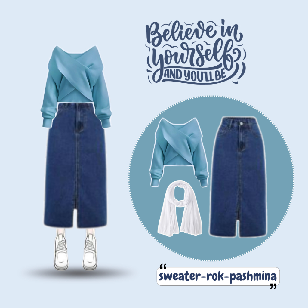 One set Wanita Korean Style 3in1 Hijab OOTD Outfit Kekinian (SWEATER+ROK JEANS+PASHMINA),Outfit Ones