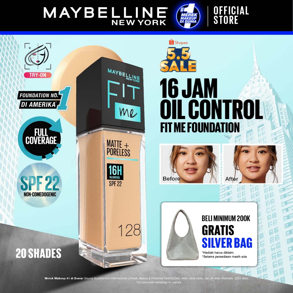 MAYBELLINE OFFICIAL Fit Me Matte + Poreless Liquid Foundation Make Up 30ml SPF 22 Makeup Ringan High