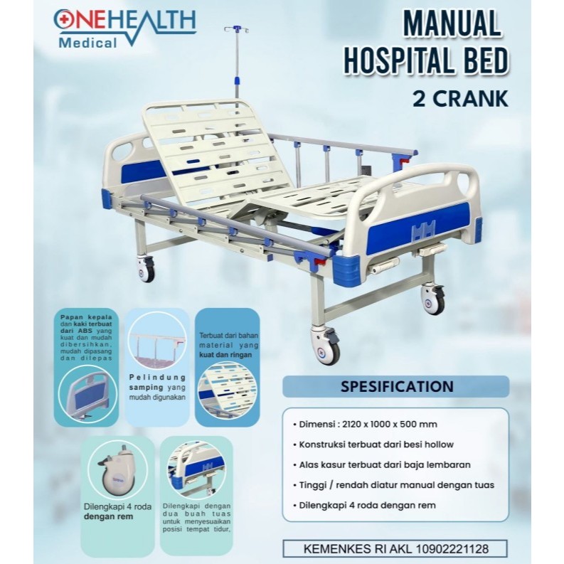 OneHealth Manual Hospital Bed 2 Crank +Tiang Infus