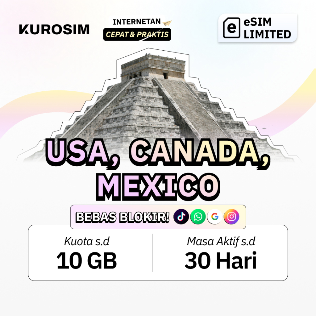 eSIM Amerika Kanada Meksiko Kuota Besar Support TIKTOK KUROSIM | Internet Roaming USA Canada Mexico