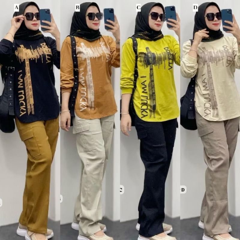 Setelan Celana Chinos Wanita, UKURAN JUMBO DAN STANDAR  Atasan Combed Premium, Celana Chinos Cargo, 