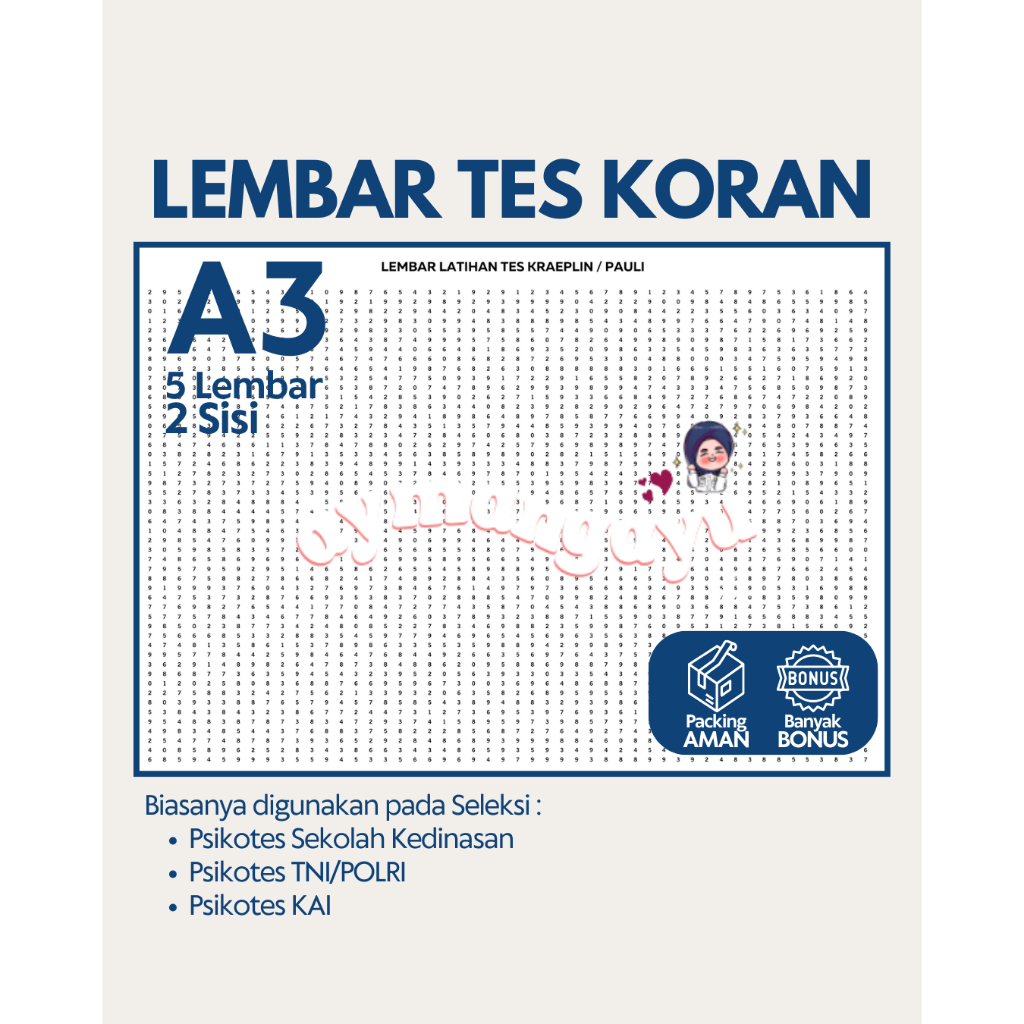 

BH01 LEMBAR TES KORAN / TES PAULI / TES KRAEPLIN A3 Bolak Balik (5 Lembar)