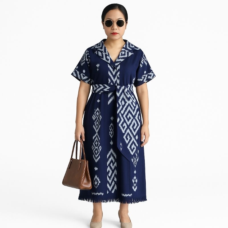 Dress Tenun Jepara Motif Toraja - Busana Etnik Modern Elegan | Gaun Tenun Wanita Kekinian | Baju Ten