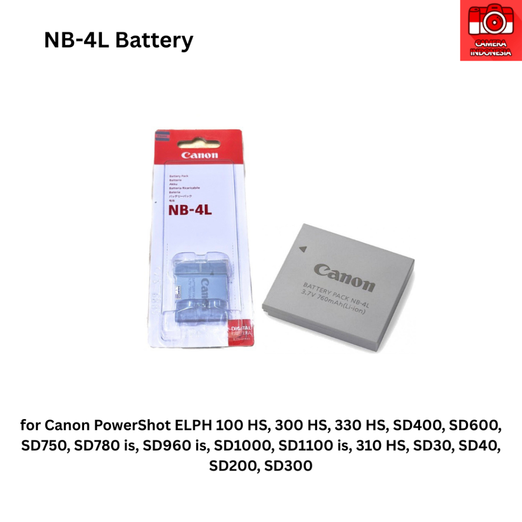 Baterai NB-4L Kamera Canon PowerShot ELPH 100 HS, 300 HS, 330 HS, SD400, SD600, SD750, SD780 is, SD9