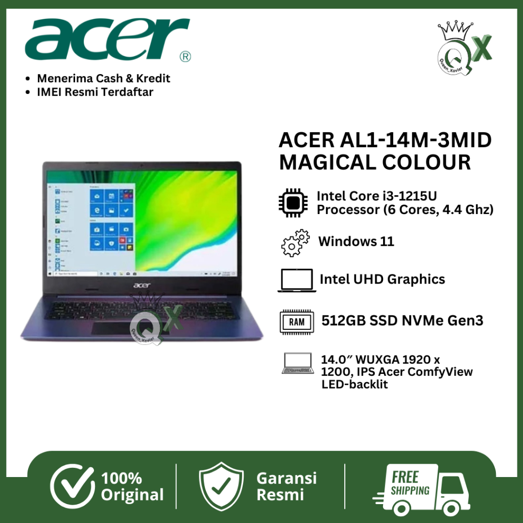 LAPTOP ACER ASPIRE LITE MAGICAL COLOR AL1 14M 3MID I3 1215U 8GB 512GB SSD 14” WUXGA W11 OHS24