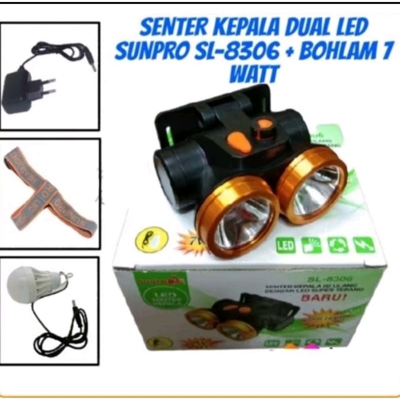 COD✅ SL 8306-SUNPRO SL 8306 LED Senter Kepala Jarak 1400M, cahaya putih dan kuning 2 in 1