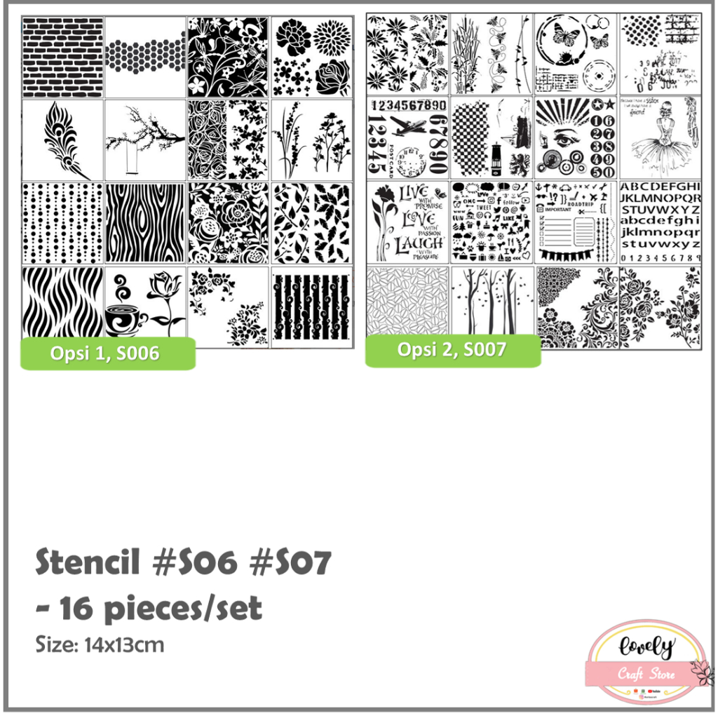 

LovelyCraftStore | S006 S007 ~ 16pcs per set cetakan stensil lukis, craft, plastik stensil, kue cake, baking, scrapbook, journal, bujo