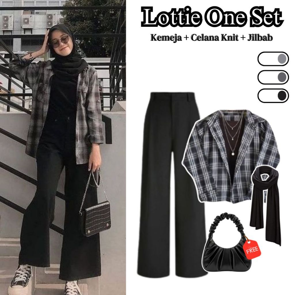 3in1 Set 143 - Setelan Hijab wanita tomboy kekinian Kemeja Tartan Vintage baju one set hijab ootd ou
