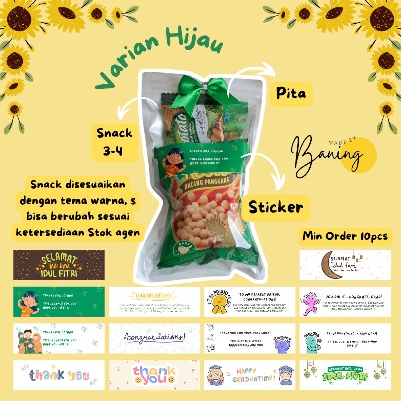

Hijau - Mini Gift Snack | Mini snack hampers | Untuk hadiah wisuda, sidang, apresiasi temen kantor, dan gimmick acara/event | Min Order 10pcs