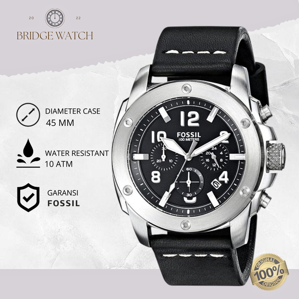 Jam Tangan Pria Fossil Modern Machine FS4928 Chronograph Analog Black Leather Strap Kulit Hitam Cowo